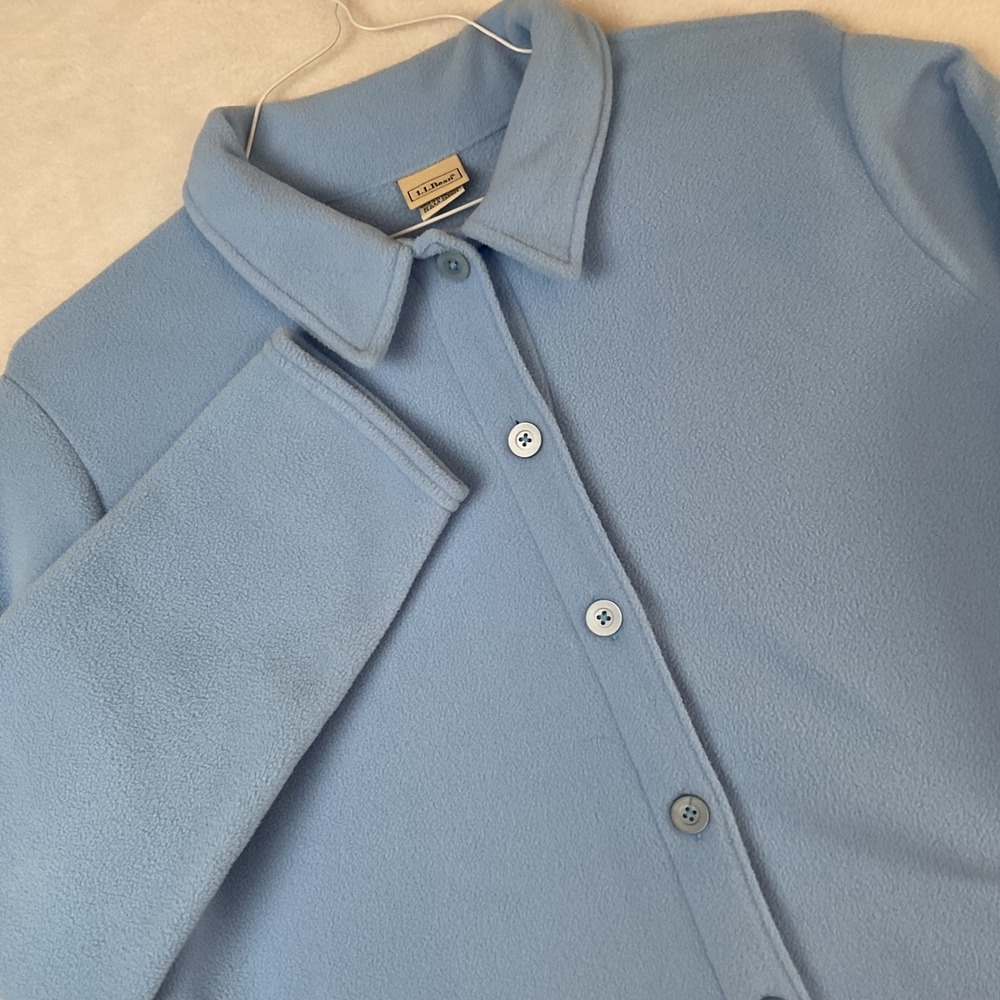 LL Bean Womens XL Light Blue Fleece Button Down Shirt Jacket‎ Collar Long Sleeve